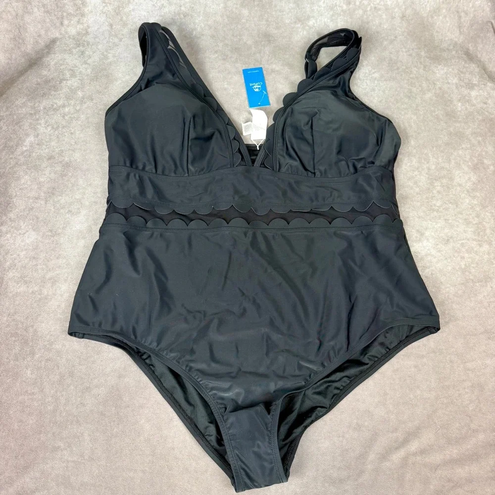 Cupshe Black Scalloped Mesh V-Neck One Piece Swimsuit Plus Size 3X